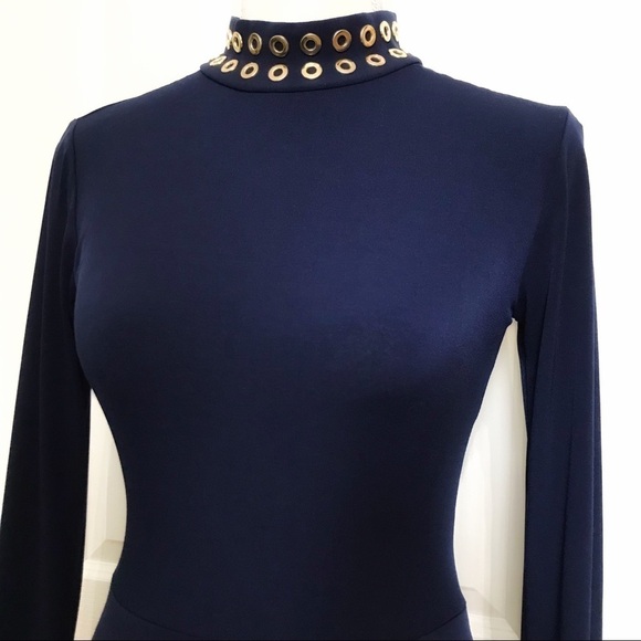 MICHAEL MICHAEL KORS NAVY MIDI GOLD METAL DRESS - XXS - Picture 7 of 10